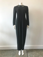 1980's Black Wool Jumpsuit w/ Leather Collar by Geoffrey Beene